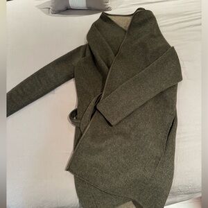 Vince Leather Trim Drape Front Coat in Heather Taupe & Truffle, Size XS Like New